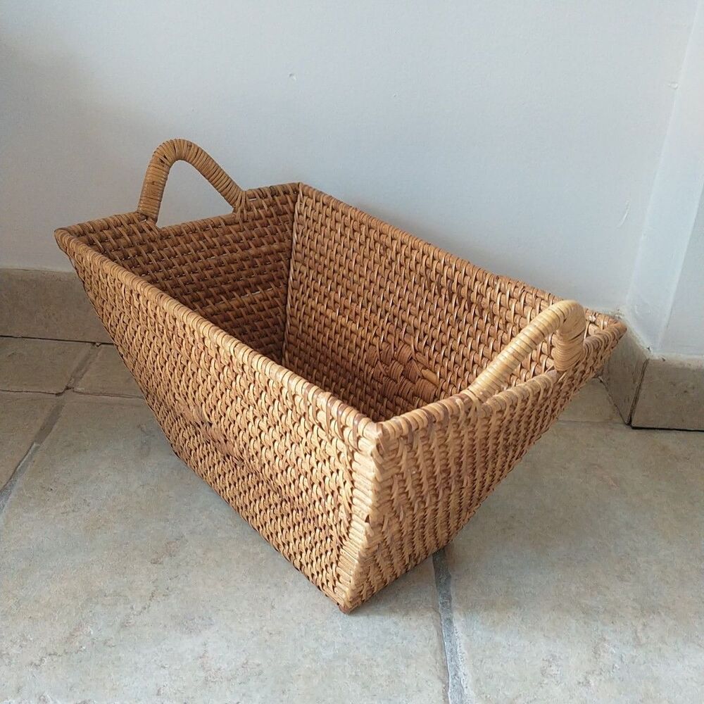 Wicker Rattan Basket Tight Braid Double Handle Rectangle Brown Cottage Indonesia